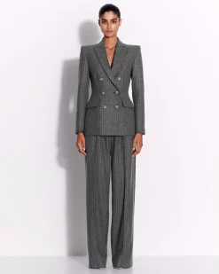 Double Breasted Fitted Blazer in Wool Pinstripe