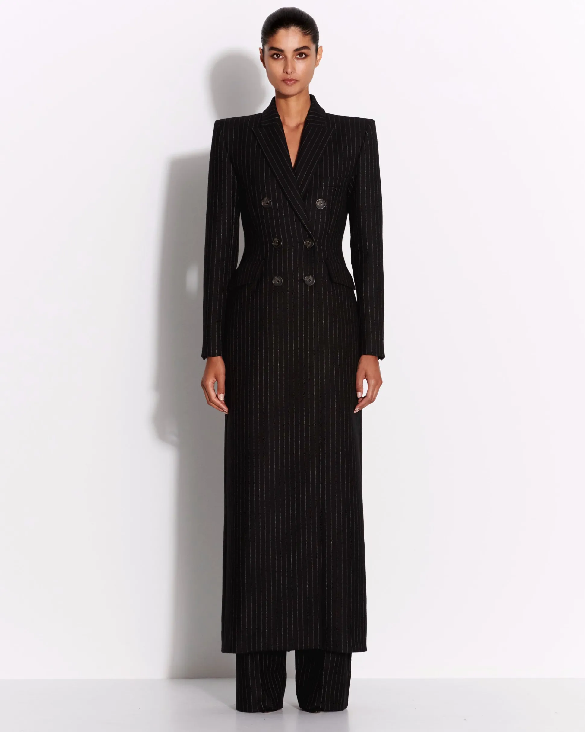 Double Breasted Fitted Coat in Wool Pinstripe