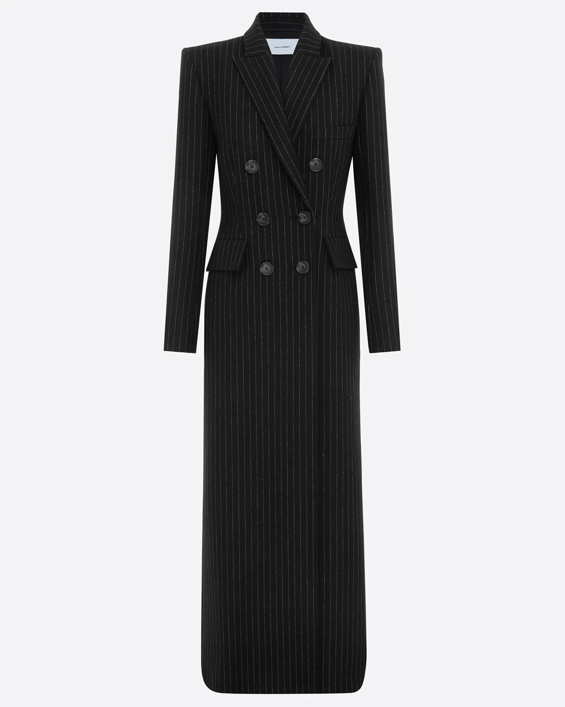 Double Breasted Fitted Coat in Wool Pinstripe