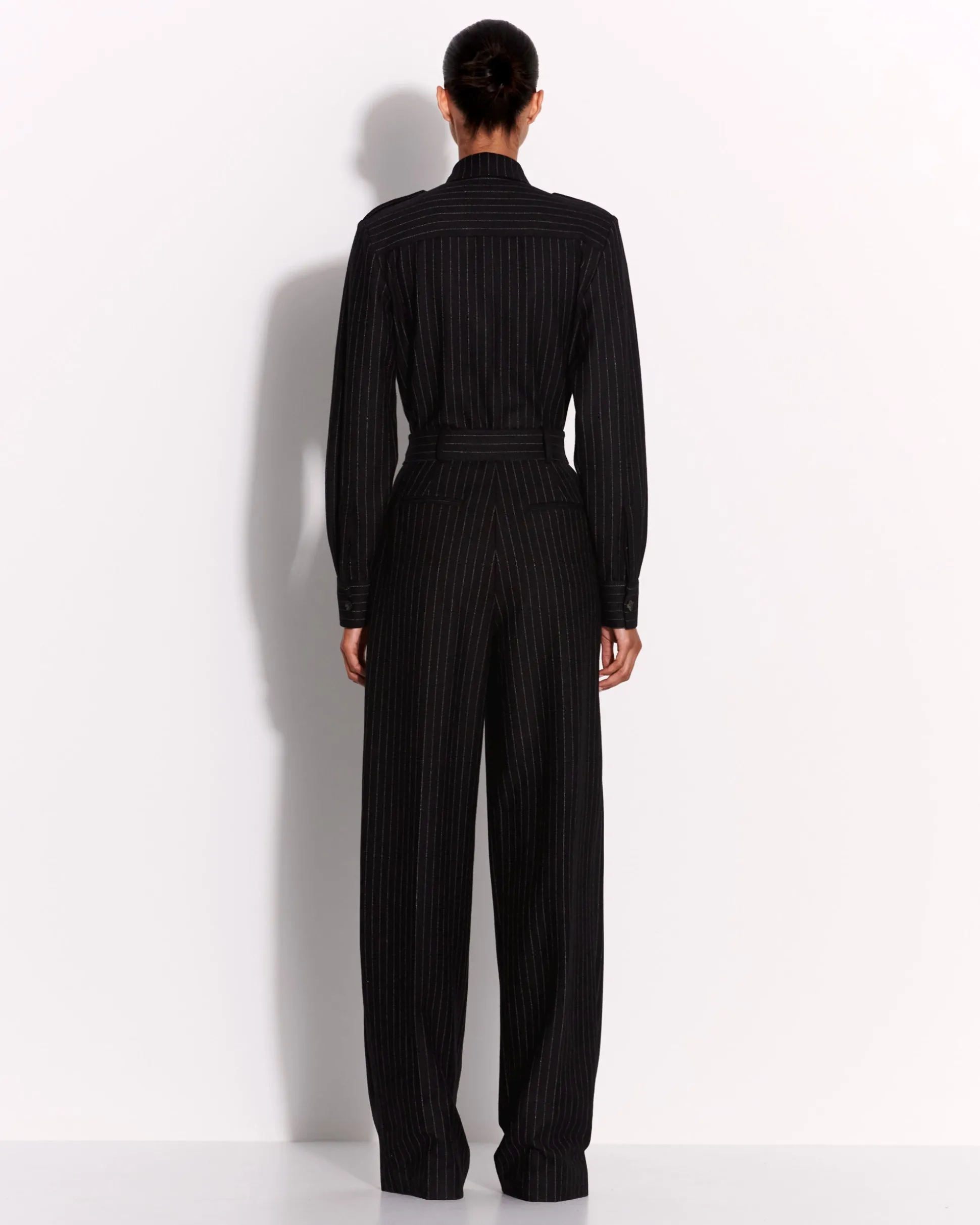 Long Sleeve Belted Jumpsuit in Wool Pinstripe
