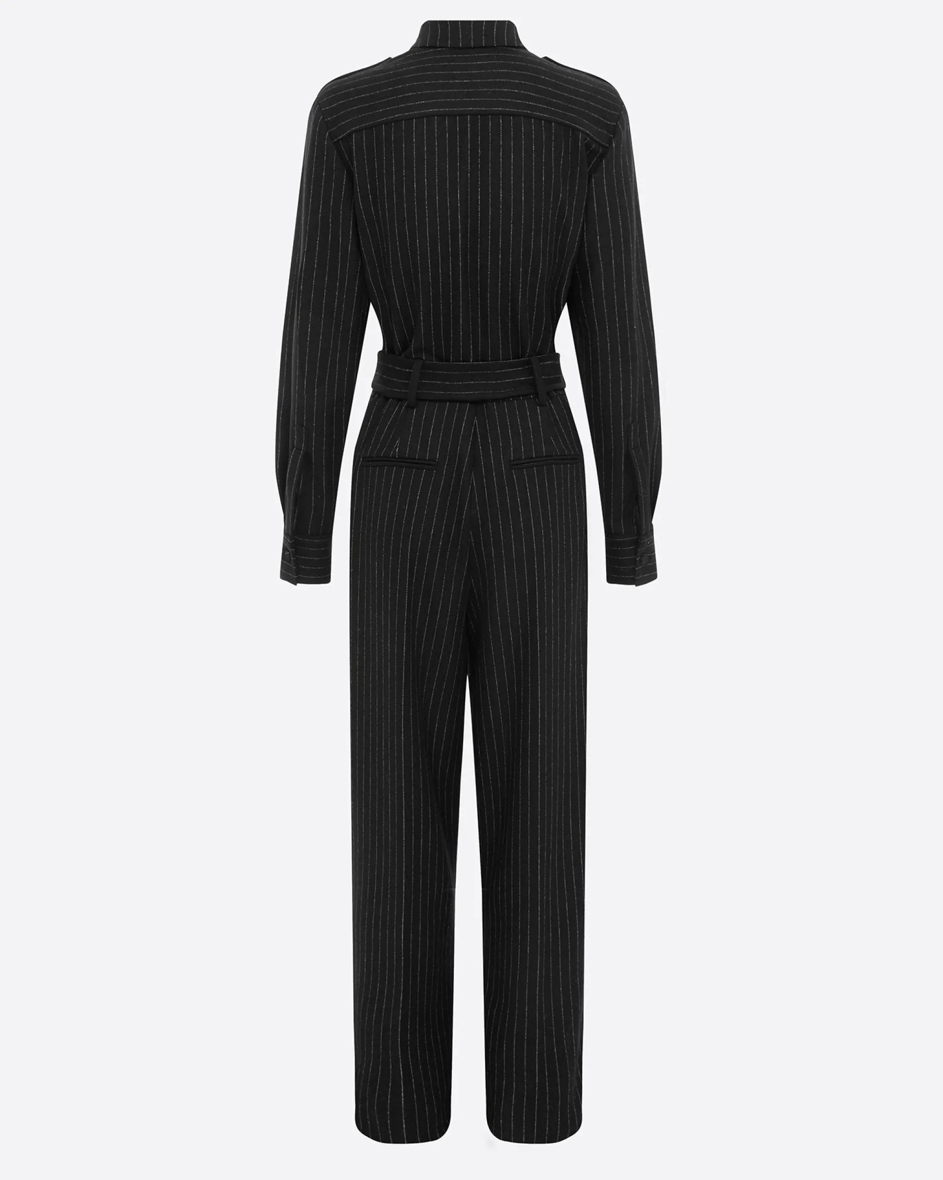 Long Sleeve Belted Jumpsuit in Wool Pinstripe