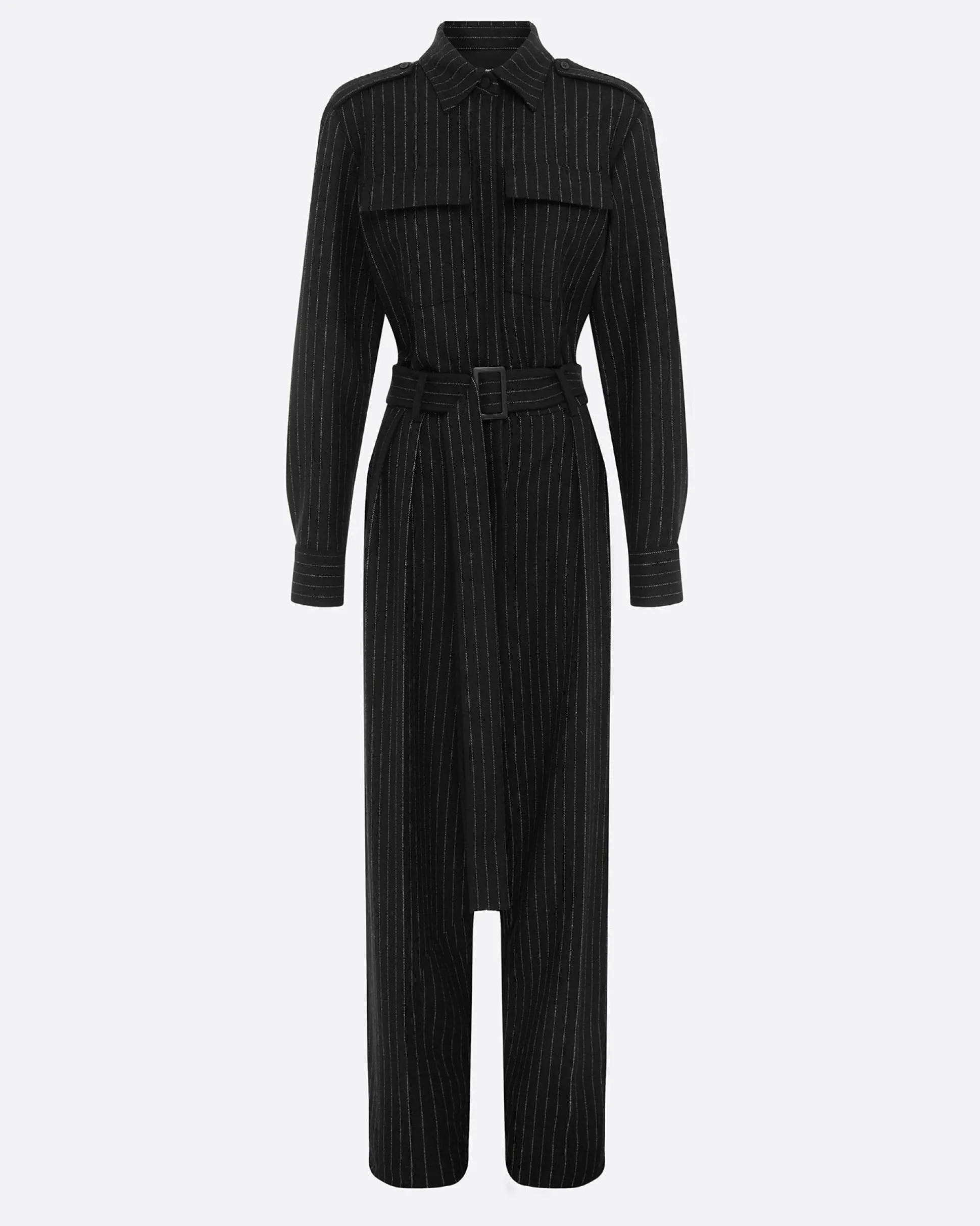 Long Sleeve Belted Jumpsuit in Wool Pinstripe