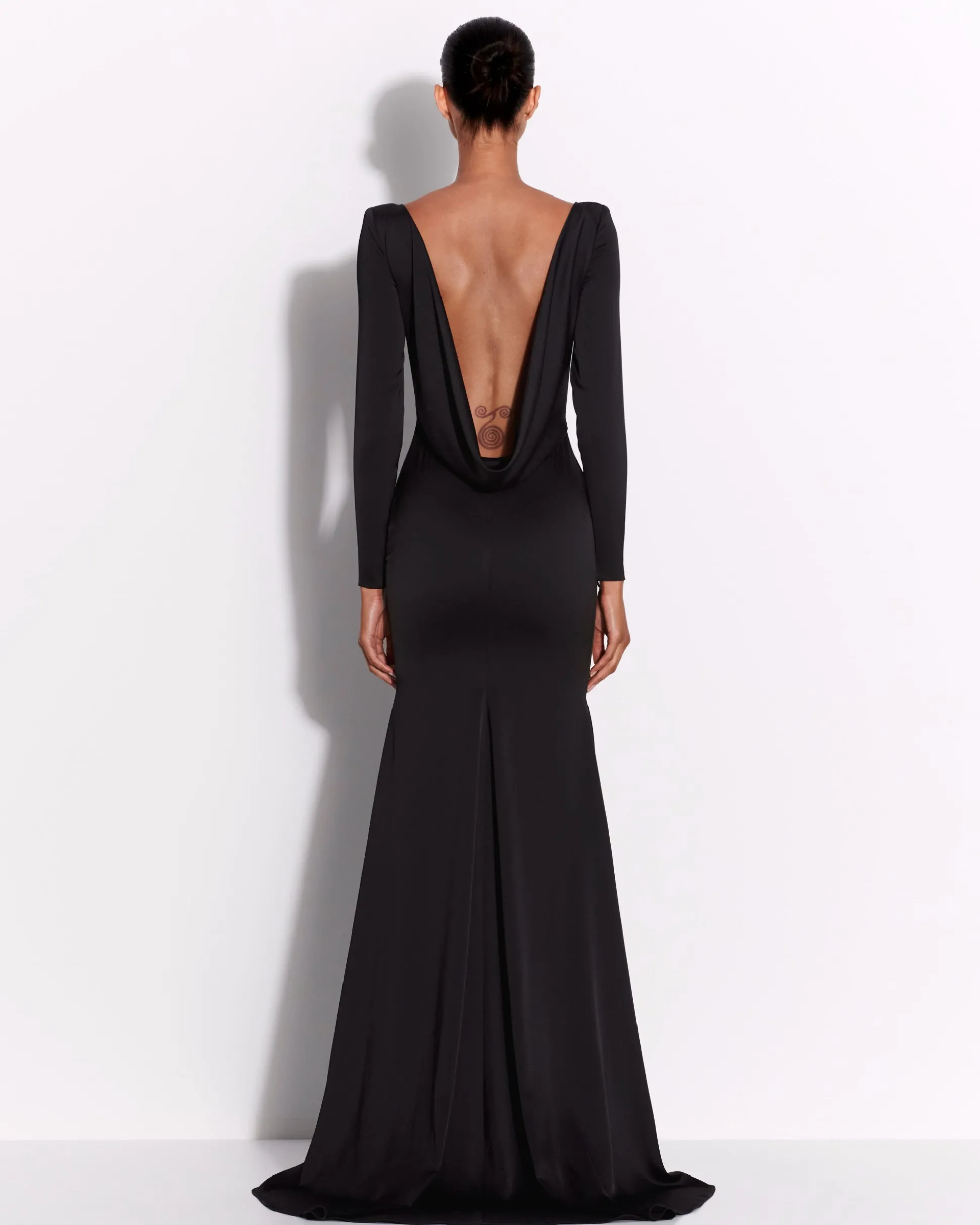 Long Sleeve Open Back Drape Gown in Satin Crepe