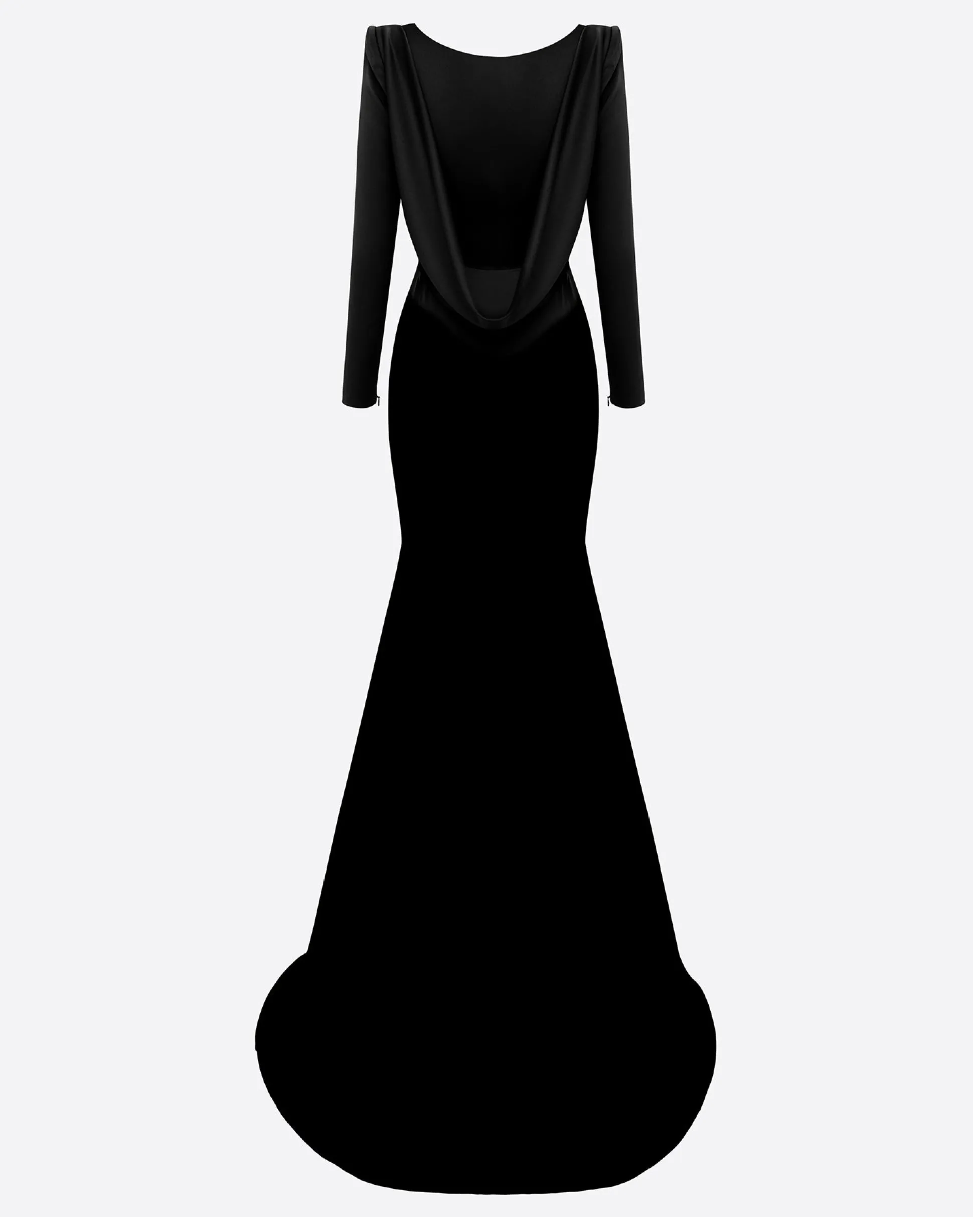 Long Sleeve Open Back Drape Gown in Satin Crepe