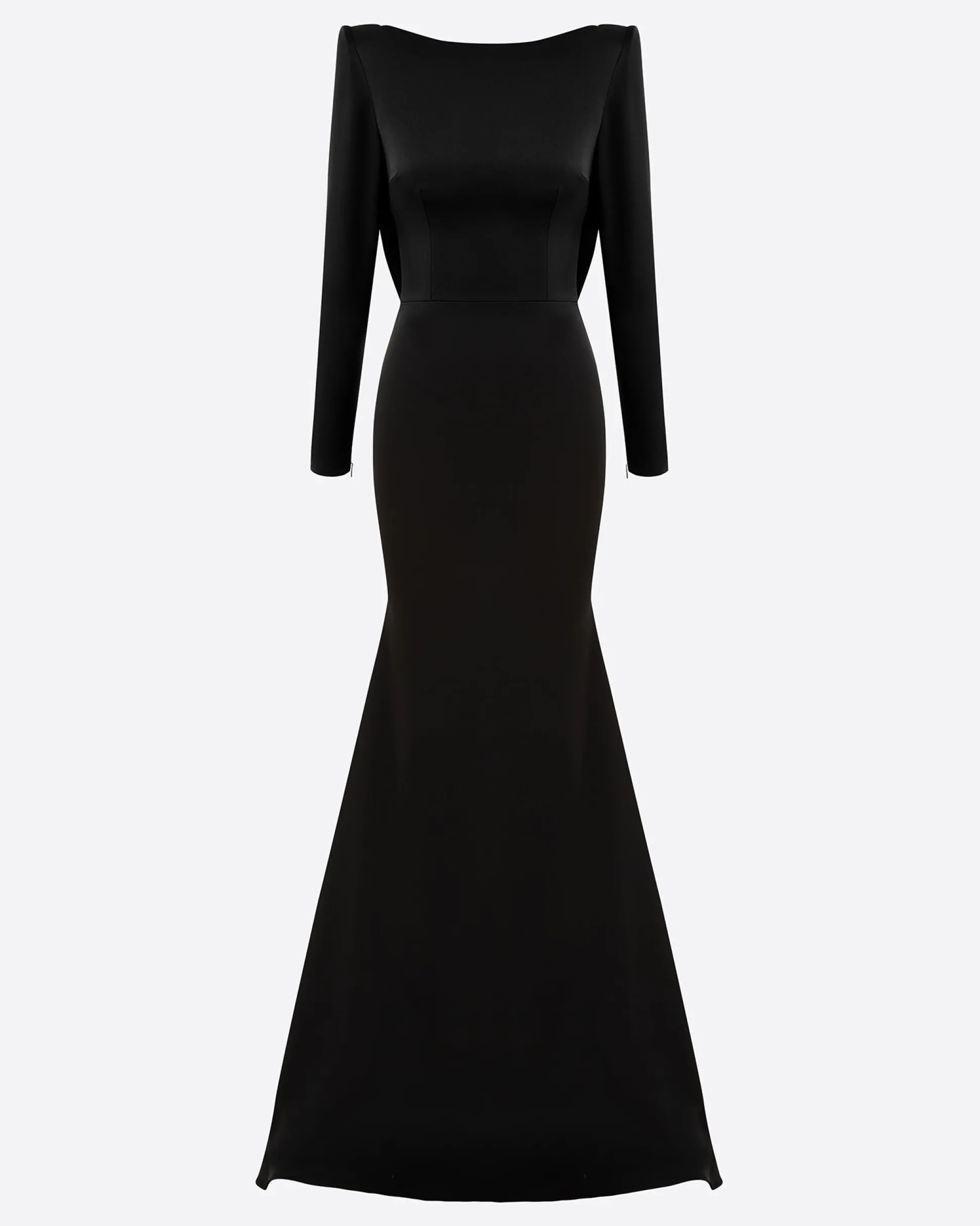 Long Sleeve Open Back Drape Gown in Satin Crepe