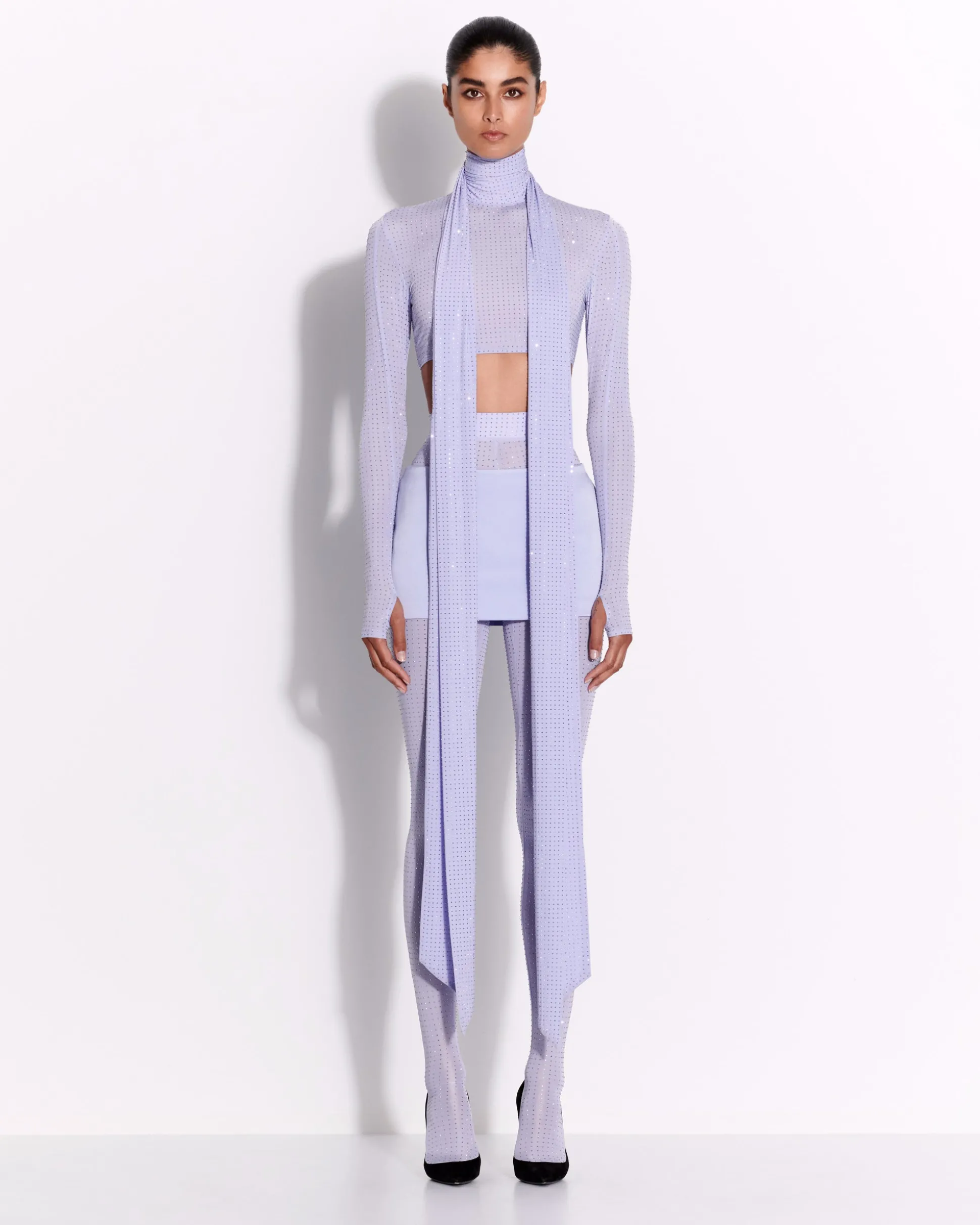 Long Sleeve Scarf Crop Top in Crystal Jersey