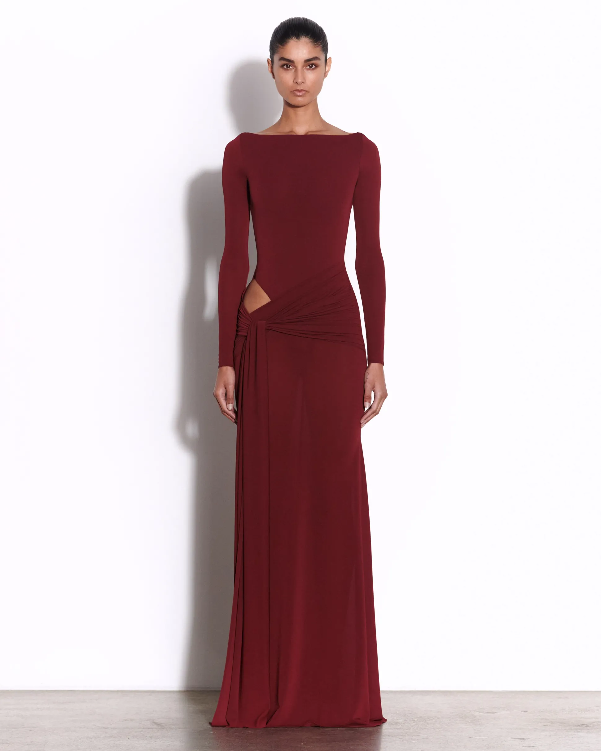 Long Sleeve Wrap Gown in Crepe Jersey