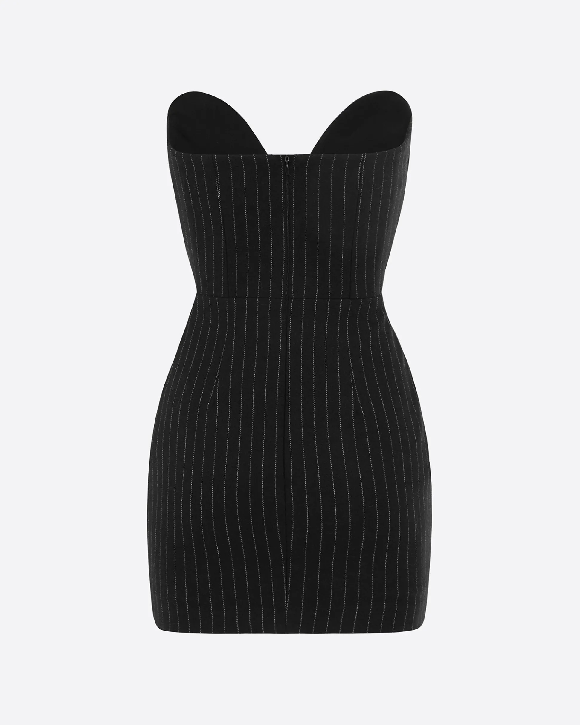 Strapless Sweetheart Twist Mini Dress in Wool Pinstripe