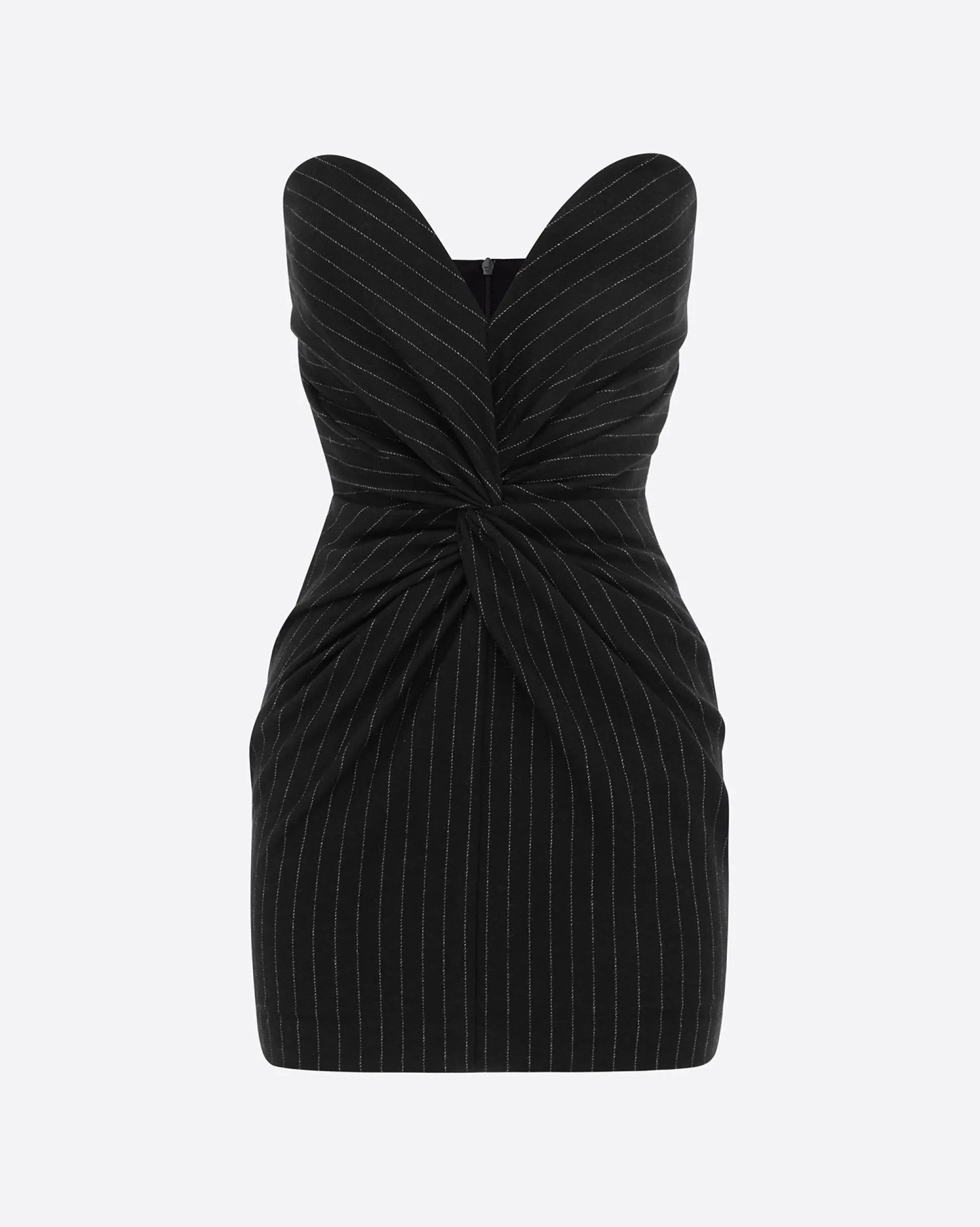 Strapless Sweetheart Twist Mini Dress in Wool Pinstripe