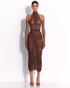 Turtleneck Ruched Bodysuit in Fine Mesh